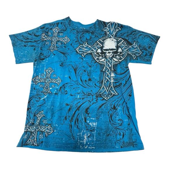 MMA Elite Men's M Blue Y2K Cross Skull Grunge Emo Style Tee Retro Casual Active - Picture 1 of 7